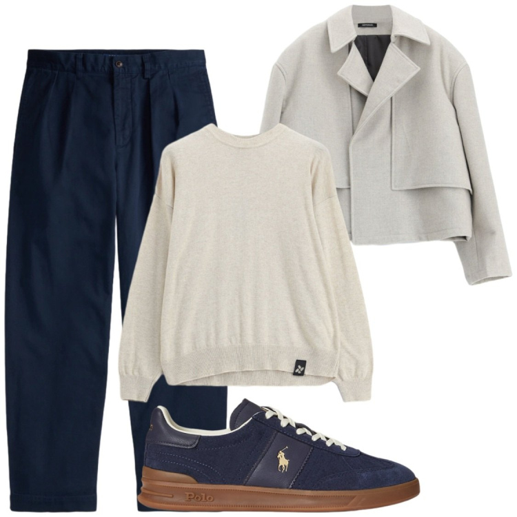 Outfit uomo - Casual in ottobre. Stile Trendy per Tutti i giorni. Abbinamento con maglieria, giacche, pantaloni chino, sneakers.