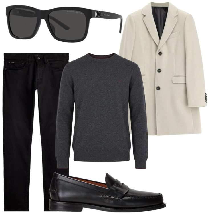 Outfit uomo - Primi freddi. Stile Business/Elegante per Ufficio. Abbinamento con maglieria, cappotti, scarpe stringate, jeans, occhiali da sole.