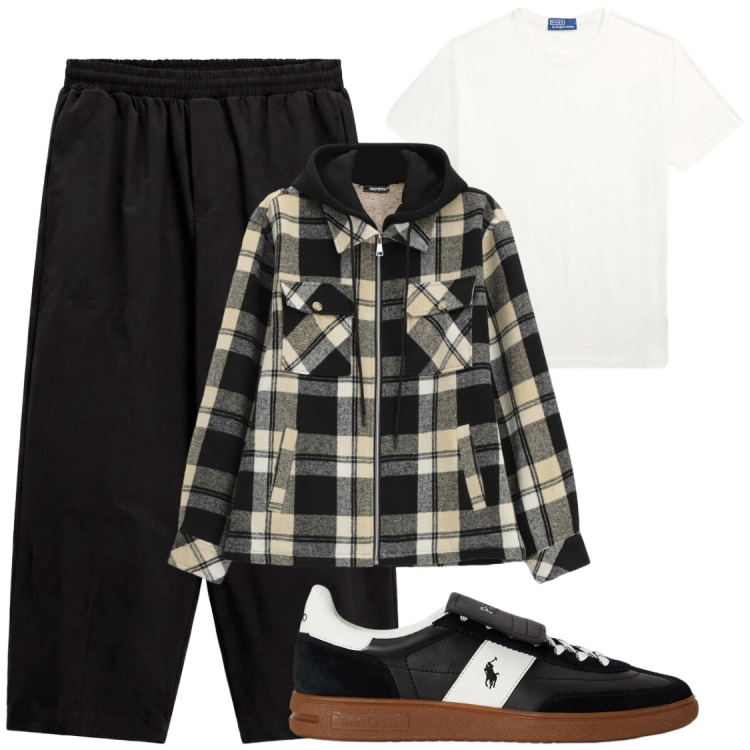 Outfit uomo - Il basic trendy. Stile Trendy per Tutti i giorni. Abbinamento con cappotti, pantaloni a palazzo, t-shirt, sneakers.