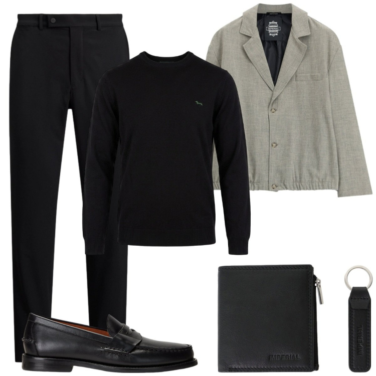 Outfit uomo - Serata fuori. Stile Business/Elegante per Serata speciale. Abbinamento con maglieria, giacche, portafogli, scarpe stringate, pantaloni.