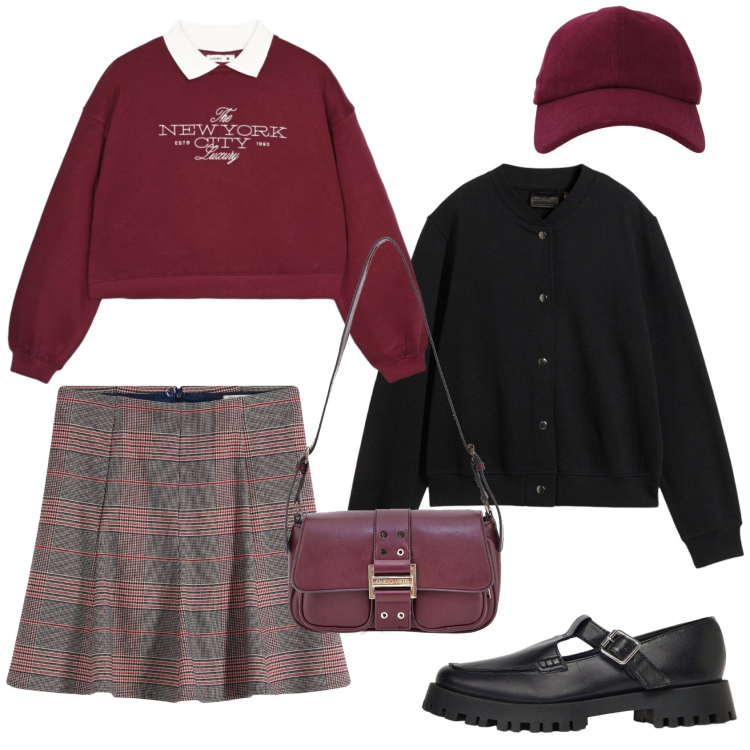 Outfit donna - Total look #2485537. Stile Preppy per Tutti i giorni. Abbinamento con felpe, cappelli con visiera, mocassini, bomber, minigonne, borse a tracolla.