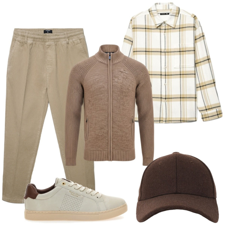 Outfit uomo - Il cardigan. Stile Trendy per Tutti i giorni. Abbinamento con pantaloni, camicie, cappelli con visiera, sneakers, pullovers.