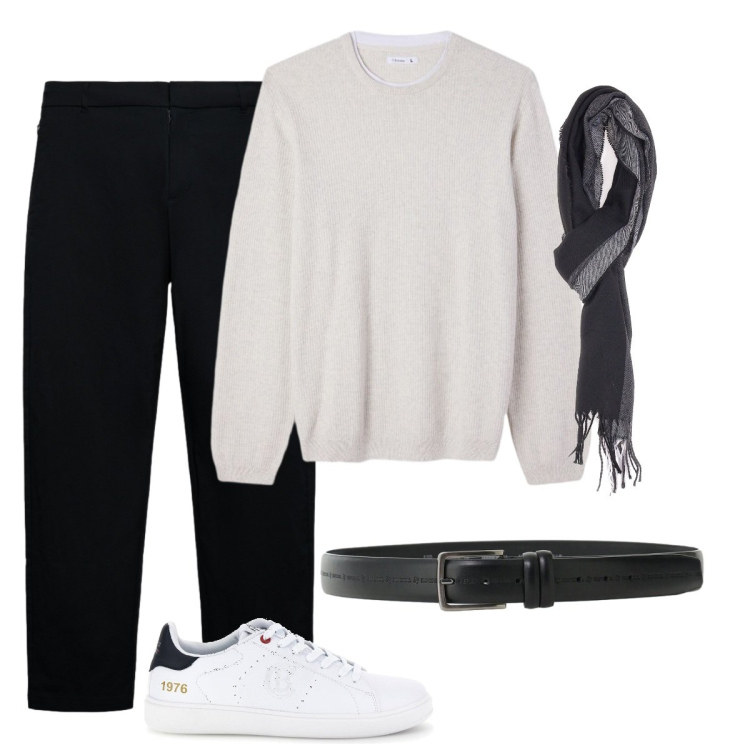 Outfit uomo - Il pullover. Stile Trendy per Tutti i giorni. Abbinamento con cinture, pantaloni chino, maglieria, sciarpe, sneakers.