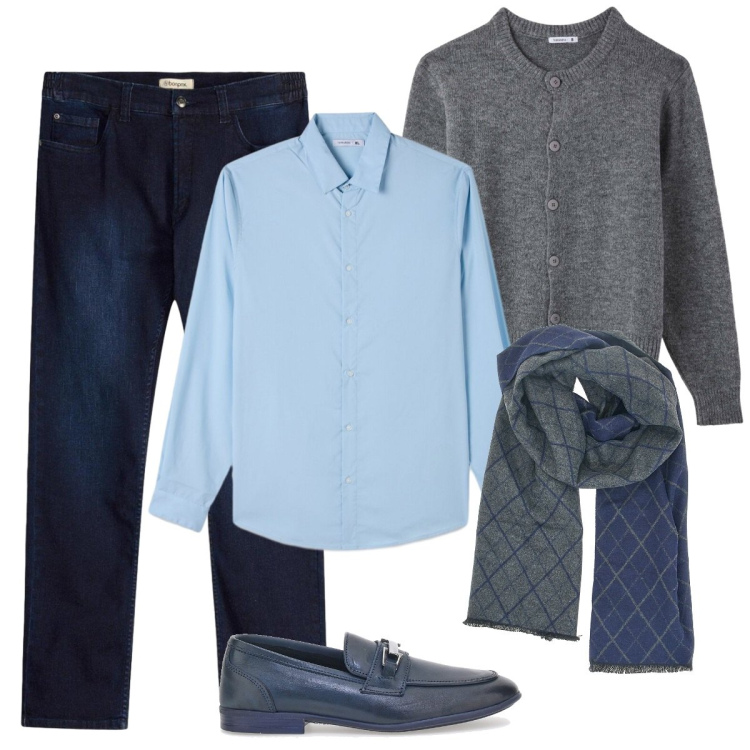 Outfit uomo - Jeans blu scuro. Stile Trendy per Serata speciale. Abbinamento con cardigans, camicie, sciarpe, jeans slim fit, scarpe stringate.