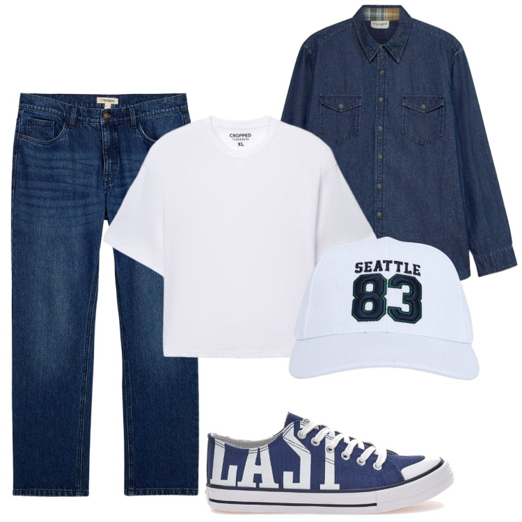 Outfit uomo - Gita fuori porta. Stile Casual per Tutti i giorni. Abbinamento con cappelli con visiera, t-shirt, jeans dritti, sneakers, camicie.
