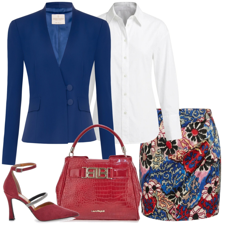 Outfit donna - La gonna a fiori. Stile Chic per Serata fuori. Abbinamento con blazer, minigonne, camicie, décolleté, borse a mano.