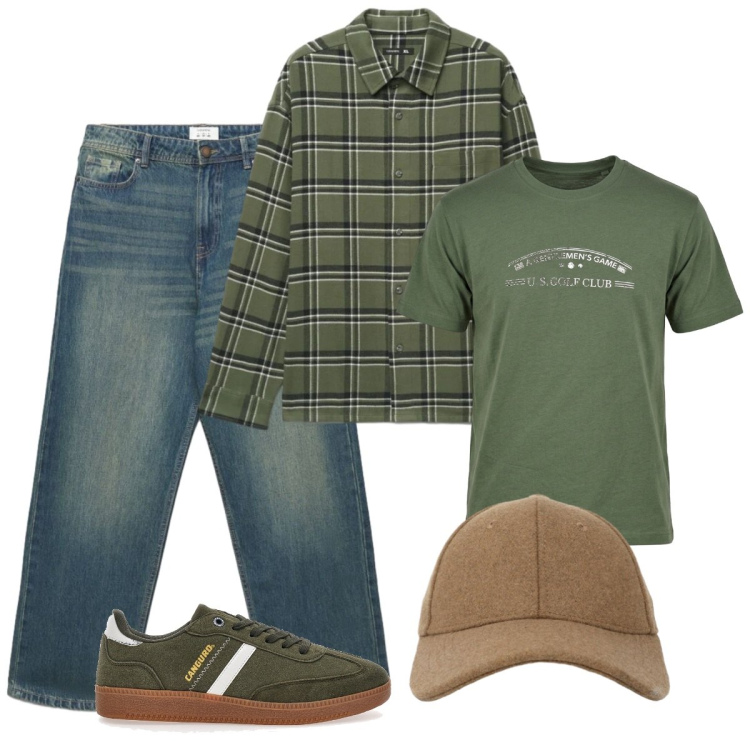 Outfit uomo - Pomeriggio. Stile Trendy per Tutti i giorni. Abbinamento con camicie, cappelli con visiera, jeans, sneakers, t-shirt.