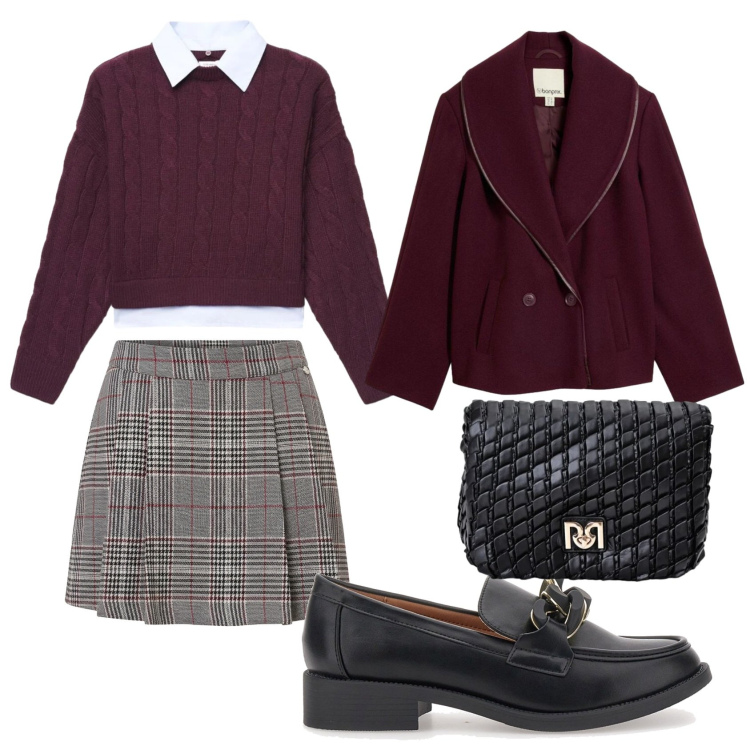 Outfit donna - Total look #2485548. Stile Preppy per Serata fuori. Abbinamento con borse a tracolla, minigonne, maglieria, mocassini, blazer.