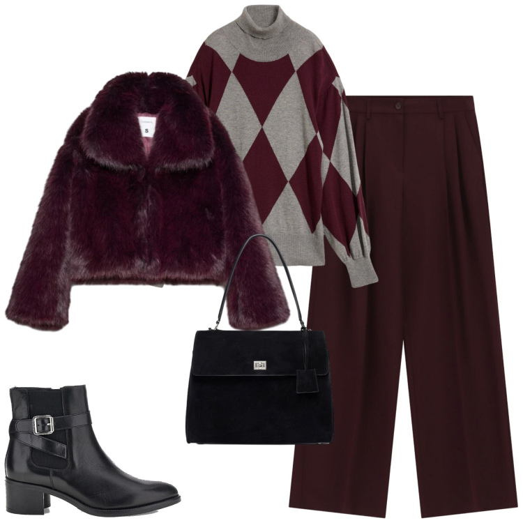 Outfit donna - Ottobre. Stile Trendy per Tutti i giorni. Abbinamento con maglieria, blazer, pantaloni a palazzo, borse a mano, stivaletti.