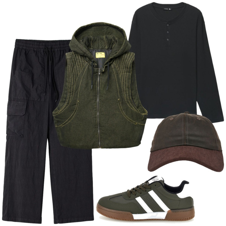 Outfit uomo - Mattina libera. Stile Casual per Tutti i giorni. Abbinamento con gilet, pantaloni cargo, cappelli con visiera, t-shirt, sneakers.
