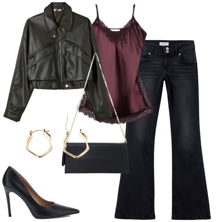 Outfit donna - Serata. Stile Trendy per Serata fuori. Abbinamento con borse a tracolla, top, jeans a zampa, bomber, décolleté, orecchini.