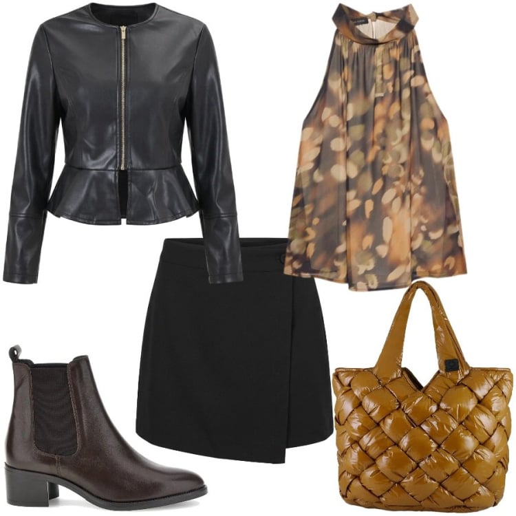 Outfit donna - Total look #2485553. Stile Casual chic per Tutti i giorni. Abbinamento con giacche, minigonne, bluse, borse tote, stivaletti chelsea.