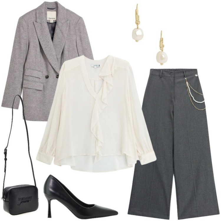 Outfit donna - Total look #2485555. Stile Glamour per Tutti i giorni. Abbinamento con décolleté, pantaloni a palazzo, orecchini, bluse, borse a tracolla, blazer.
