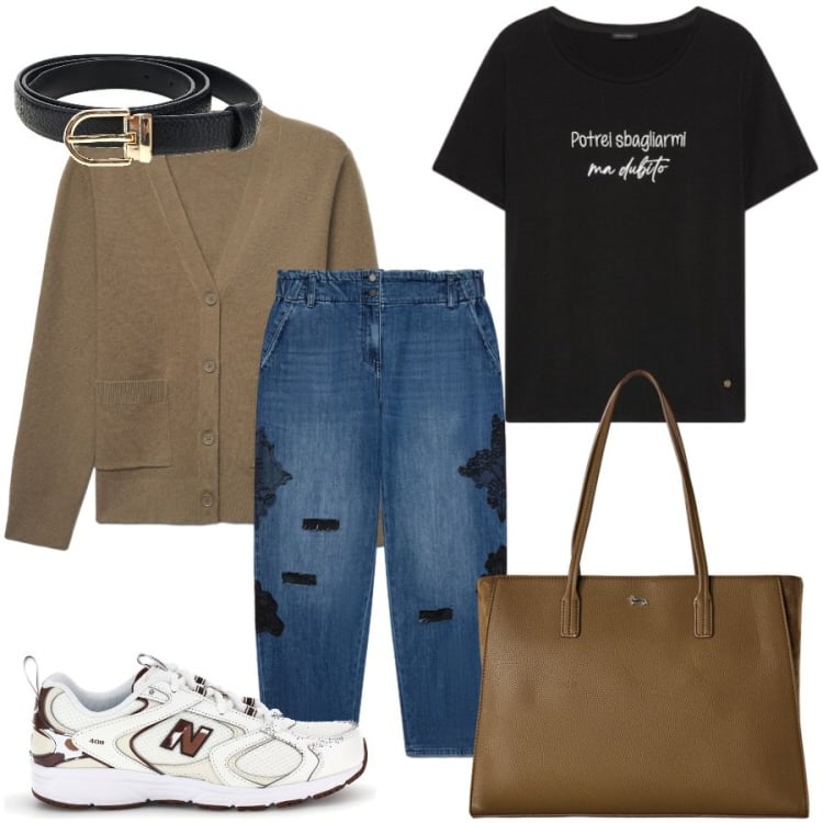 Outfit donna - Total look #2485558. Stile Glamour per Tutti i giorni. Abbinamento con cardigans, shopping bag, t-shirt, jeans, cinture, sneakers.