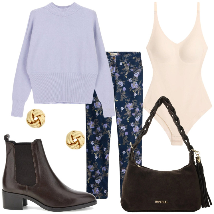 Outfit donna - Mi vesto cosi comoda. Stile Casual chic per Tutti i giorni. Abbinamento con pantaloni, body, borse a spalla, maglieria, orecchini, stivaletti chelsea.