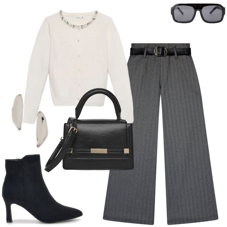 Outfit donna - In ufficio. Stile Trendy per Ufficio. Abbinamento con pantaloni, cardigans, borse a tracolla, occhiali da sole, orecchini, stivaletti.