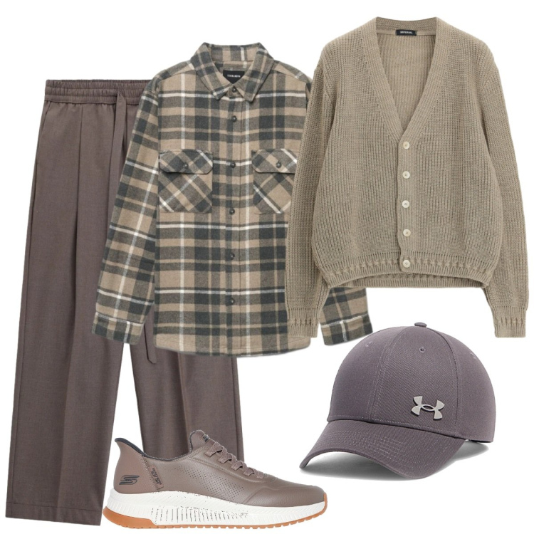 Outfit uomo - Pomeriggio. Stile Trendy per Tutti i giorni. Abbinamento con cardigans, pantaloni, camicie, cappelli con visiera, sneakers.