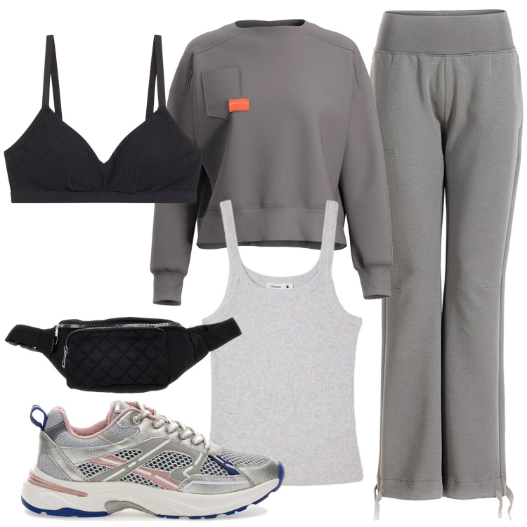 Outfit donna - Vado a camminare. Stile Casual per Sport. Abbinamento con bralette, canottiere, pantaloni, marsupi, felpe, sneakers.