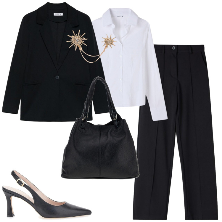 Outfit donna - Smart casual. Stile Chic per Tutti i giorni. Abbinamento con blazer, camicie, pantaloni, ciondoli, décolleté, borse a spalla.