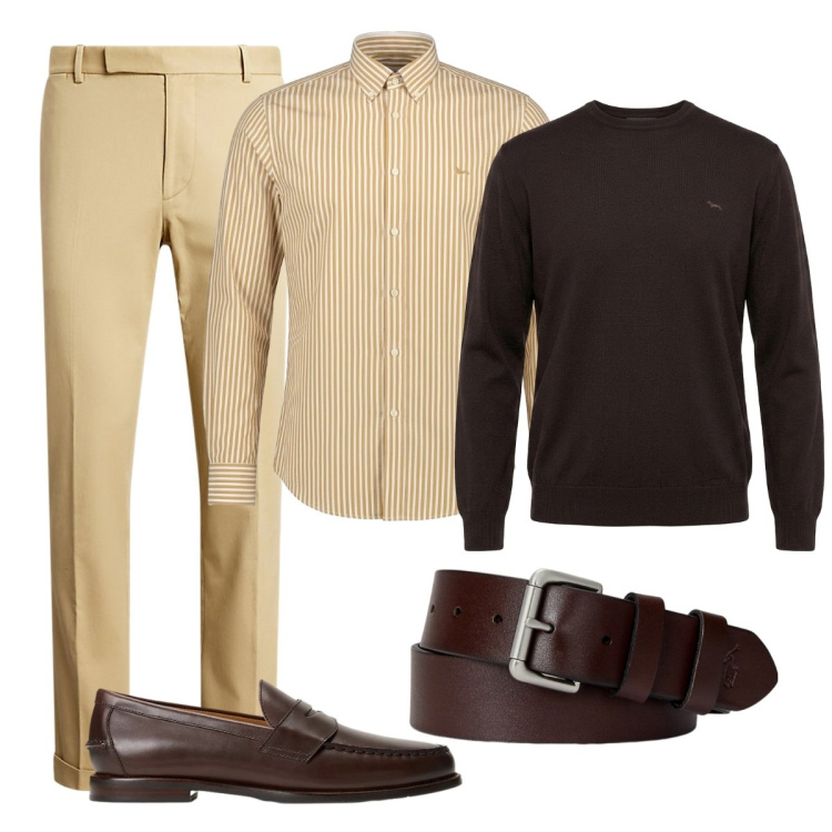 Outfit uomo - Domenica. Stile Business/Elegante per Tutti i giorni. Abbinamento con maglieria, camicie, cinture, scarpe stringate, pantaloni chino.