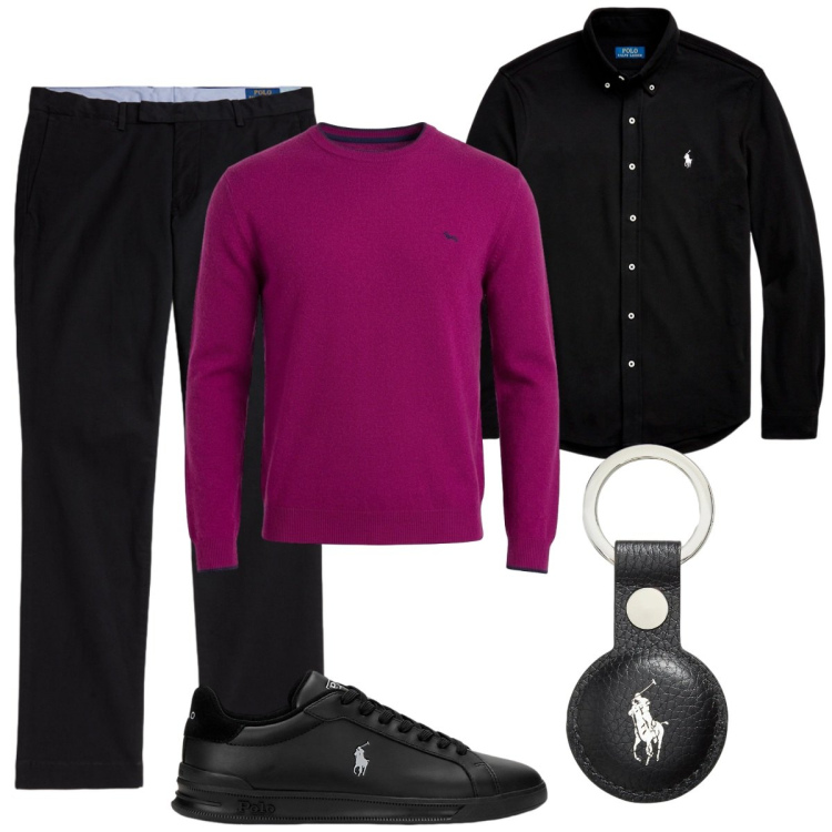 Outfit uomo - Serata fuori. Stile Trendy per Serata speciale. Abbinamento con maglieria, sneakers, pantaloni chino, portachiavi, camicie.