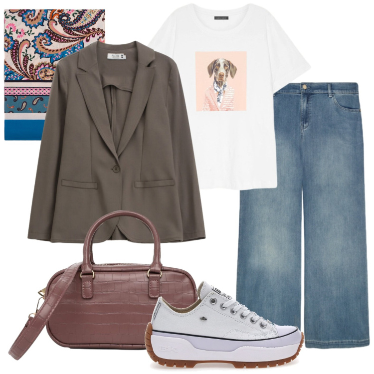 Outfit donna - Con amiche ai mercatini. Stile Casual chic per Tutti i giorni. Abbinamento con borse a tracolla, blazer, t-shirt, jeans dritti, foulard, sneakers.
