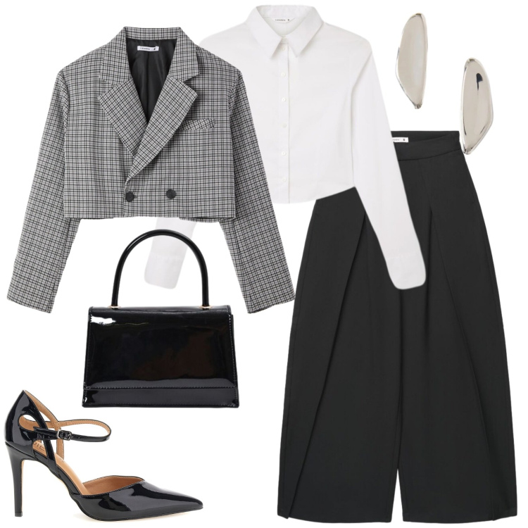 Outfit donna - Invito a cena. Stile Chic per Serata fuori. Abbinamento con orecchini, borse a mano, pantaloni a palazzo, blazer, camicie, décolleté.