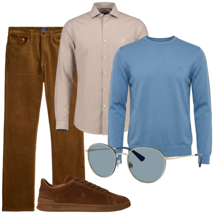 Outfit uomo - In ufficio. Stile Trendy per Ufficio. Abbinamento con camicie, maglieria, occhiali da sole, pantaloni, sneakers.