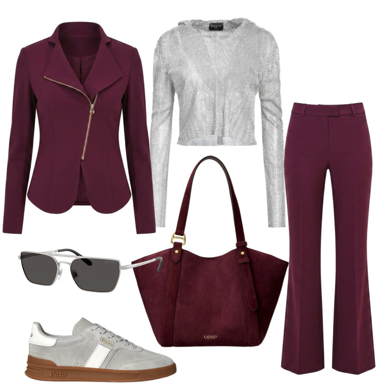 Outfit donna - Ottobrata romana. Stile Casual per Tutti i giorni. Abbinamento con sneakers, occhiali da sole, borse tote, pantaloni, blazer, top.