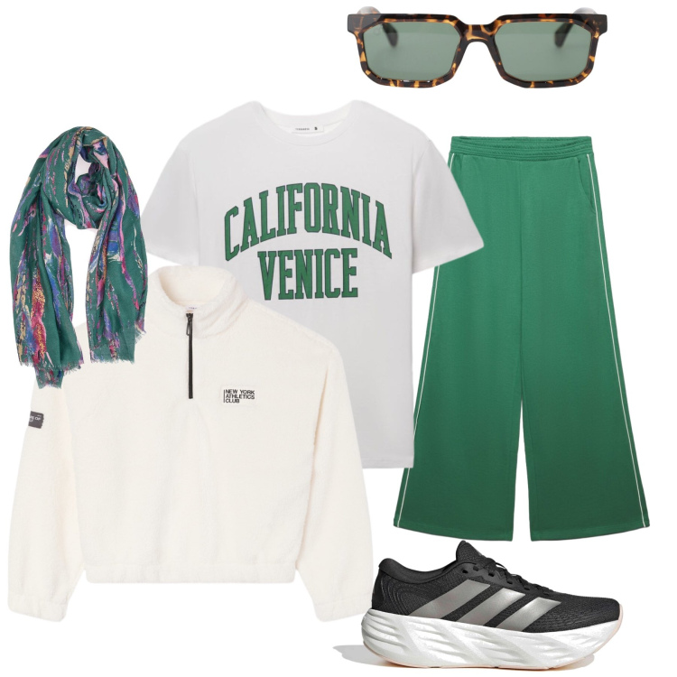 Outfit donna - Camminata solitaria. Stile Casual per Sport. Abbinamento con felpe sportive, t-shirt sportive, pantaloni sportivi, occhiali da sole, foulard, scarpe sportive.