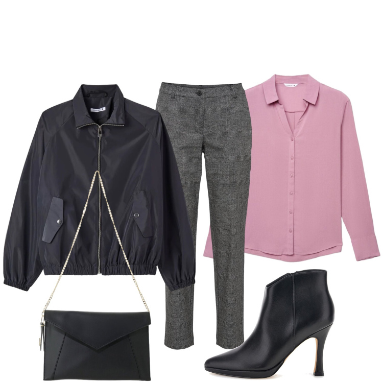 Outfit donna - Gioco Contrasti: bomber e tacco a spillo. Stile Glamour per Serata fuori. Abbinamento con borse a tracolla, camicie, bomber, stivaletti, pantaloni chino.