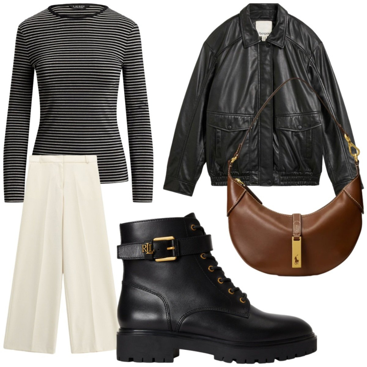 Outfit donna - Aperitivo in galleria. Stile Casual chic per Tutti i giorni. Abbinamento con pantaloni a palazzo, borse a spalla, anfibi, t-shirt, giacche.