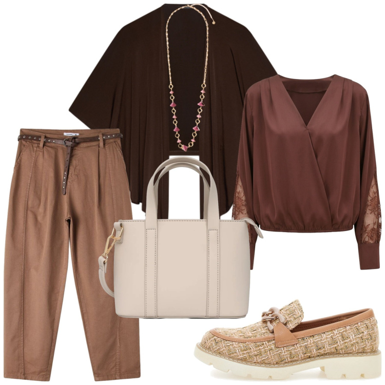 Outfit donna - Total look #2485596. Stile Casual per Serata fuori. Abbinamento con collane, blazer, bluse, pantaloni, borse a tracolla, mocassini.
