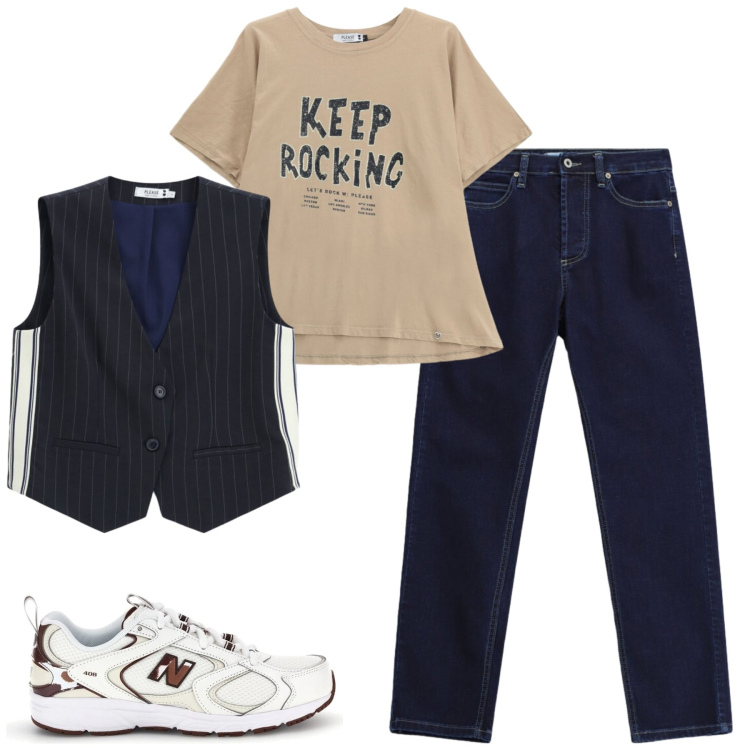 Outfit donna - Ottobre. Stile Casual per Tutti i giorni. Abbinamento con gilet, t-shirt, jeans slim fit, sneakers.