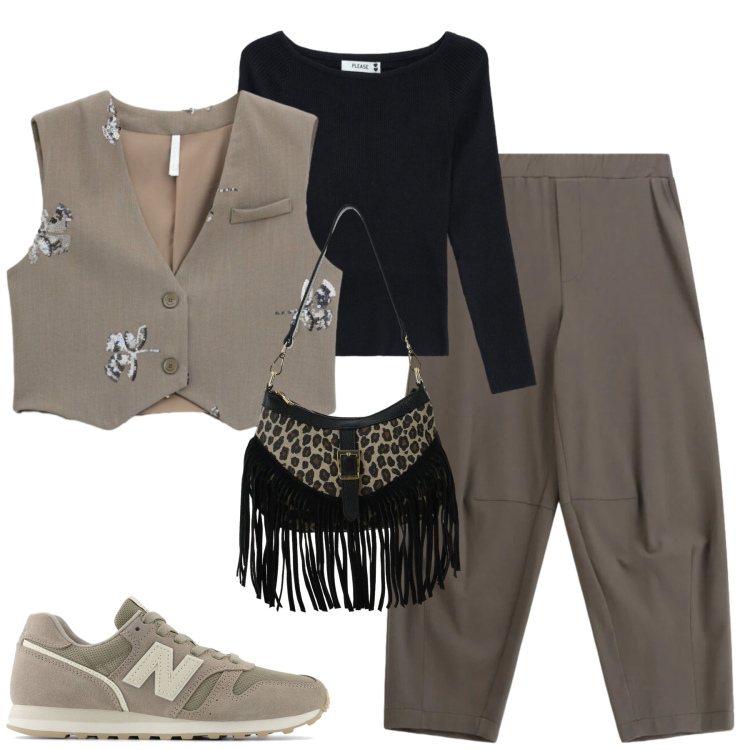 Outfit donna - Urban vibes. Stile Urban per Tutti i giorni. Abbinamento con borse a spalla, gilet, pantaloni a palazzo, maglieria, sneakers.