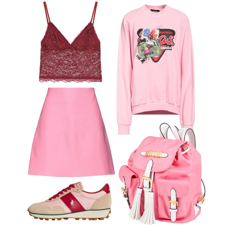Outfit donna - Il top lezioso. Stile Basic per Tutti i giorni. Abbinamento con zaini, minigonne, felpe, top, sneakers.