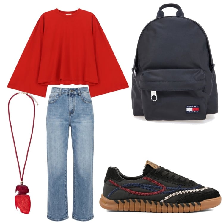 Outfit donna - Total look #2485608. Stile Basic per Tutti i giorni. Abbinamento con ciondoli, top, jeans a zampa, sneakers, zaini.