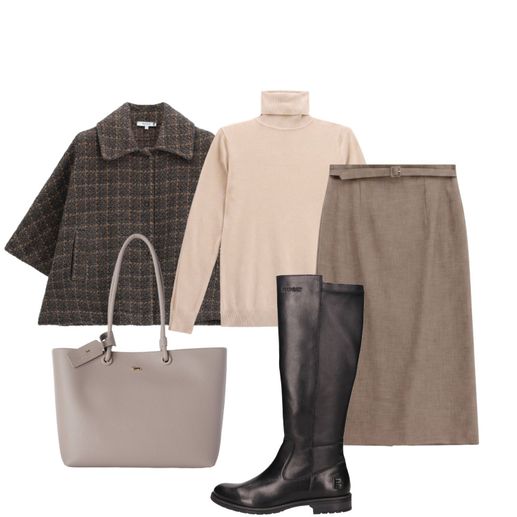 Outfit donna - Mattinata autunnale. Stile Bon Ton per Ufficio. Abbinamento con shopping bag, gonne longuette, cappotti, pullovers, stivali.