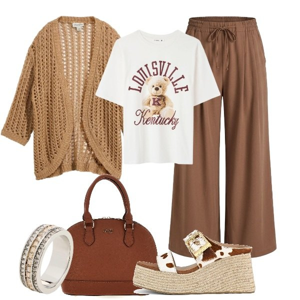 Outfit donna - Warm Vibes: Boho e Comfort Urban. Stile Urban per Scuola/Università. look ideale per Tall. Abbinamento con cardigans, anelli, pantaloni, t-shirt, zeppe, borse a mano.