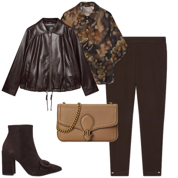 Outfit donna - City. Stile Urban per Tutti i giorni. Abbinamento con giacche, camicie a manica corta, leggings, borse a tracolla, stivaletti.