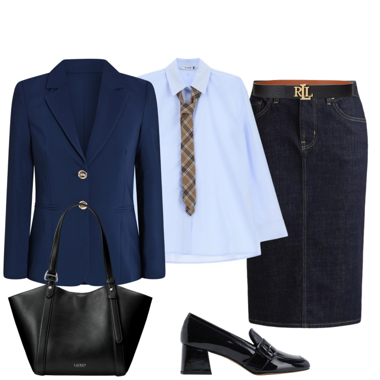 Outfit donna - In città. Stile Casual chic per Ufficio. Abbinamento con mocassini, blazer, camicie, cinture, gonne, borse tote.