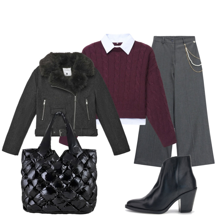 Outfit donna - A scuola. Stile Casual chic per Scuola/Università. Abbinamento con pantaloni a palazzo, borse tote, giacche, maglieria, stivaletti.