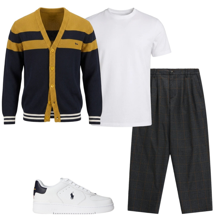 Outfit uomo - Aperitivo. Stile Trendy per Tutti i giorni. Abbinamento con cardigans, t-shirt, pantaloni, sneakers.