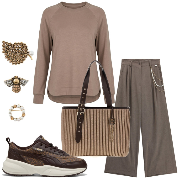 Outfit donna - Total look #2485631. Stile Sporty chic per Tutti i giorni. Abbinamento con pantaloni a palazzo, accessori per capelli, sneakers, felpe, borse a spalla.