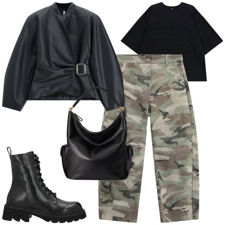 Outfit donna - Urban rebel. Stile Urban per Tutti i giorni. Abbinamento con stivaletti, t-shirt, pantaloni, blazer, borse a spalla.