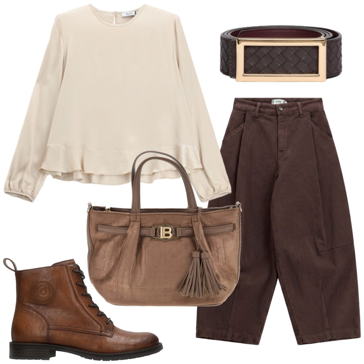 Outfit donna - Total look #2485637. Stile Glamour per Ufficio. Abbinamento con cinture, pantaloni, bluse, anfibi, borse a mano.