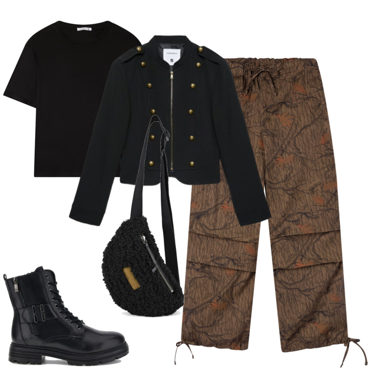 Outfit donna - I cargo camouflage. Stile Urban per Tutti i giorni. Abbinamento con pantaloni cargo, blazer, t-shirt, anfibi, marsupi.