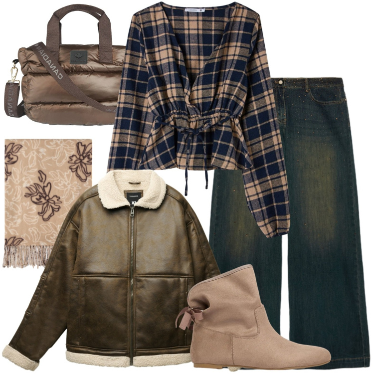 Outfit donna - Primi freddi. Stile Casual per Tutti i giorni. Abbinamento con stivaletti, camicie, giacche, jeans, sciarpe, borse a tracolla.