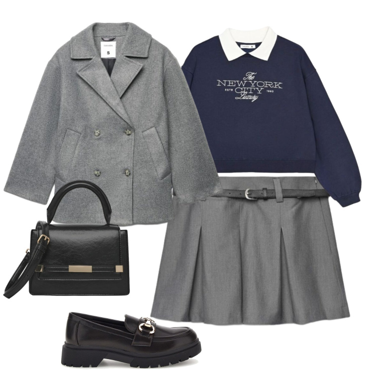 Outfit donna - Preppy style. Stile Preppy per Tutti i giorni. Abbinamento con borse a tracolla, caban, minigonne, felpe, mocassini.