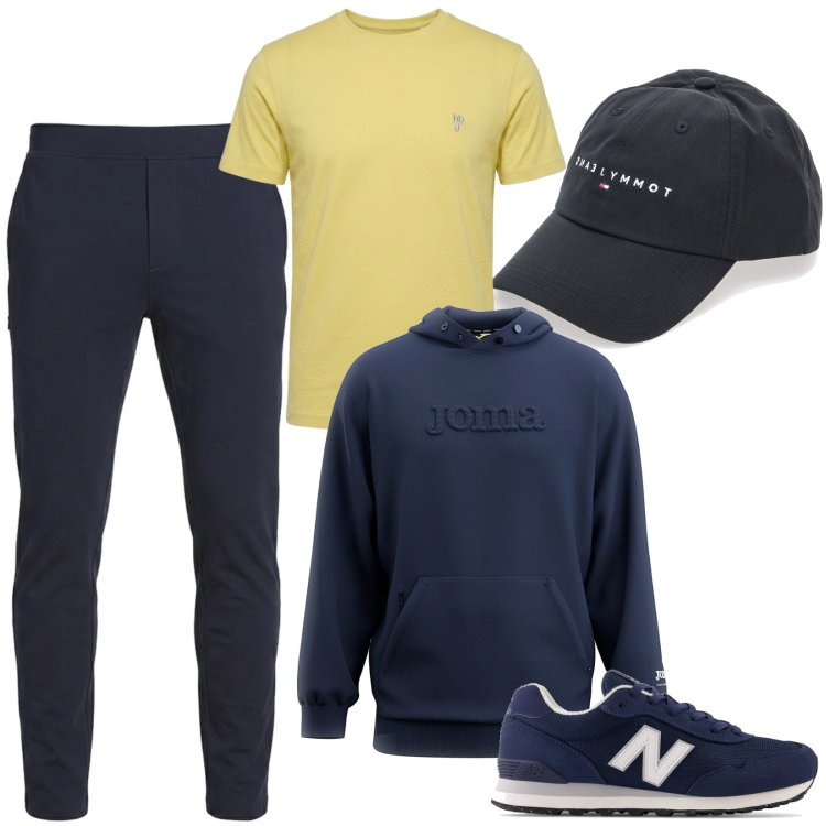 Outfit uomo - Total look #2485656. Stile Urban per Tutti i giorni. Abbinamento con t-shirt, felpe con cappuccio, cappelli con visiera, sneakers, pantaloni.